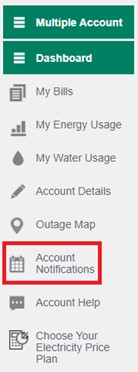 Image of screen capture that displays the menu pane on the myENWIN website and outlines the 'Account Notifications' tab. 